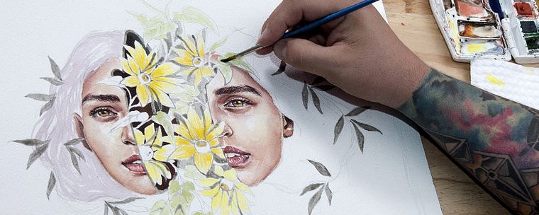 Retrato com natureza em aquarela