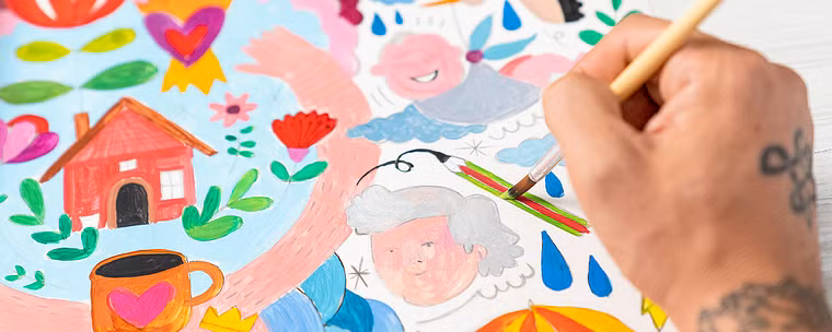 Ilustração à mão com camadas, cores e formas