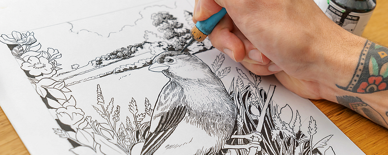 Illustratie met een kroontjespen en inkt: leg de natuur vast