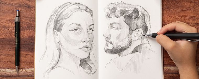 Sketchbook de retratos com lápis grafite