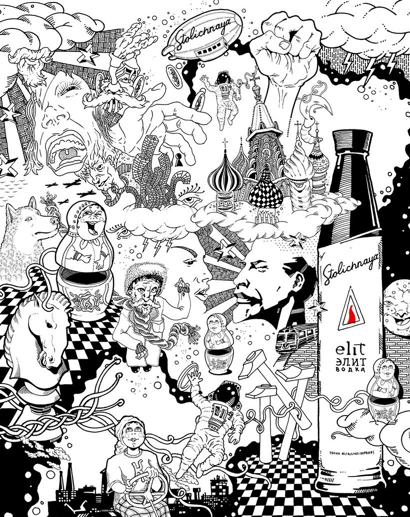 STOLICHNAYA RUSSIAN VODKA ELIT Página para Stolichnaya Elit (Vodka Ruso), Publicación en revista de arte contemporáneo de madrid LOOKtheBOOK. Madrid. Editorial illustration for Stolichnaya Elit (Russian Vodka), Publication in a contemporary art magazine i 1
