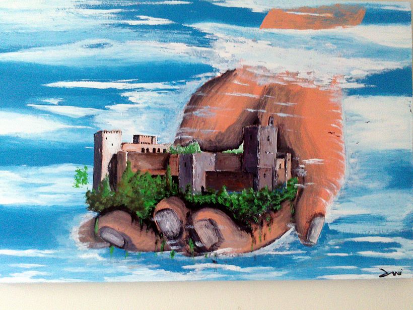 Esmalte sintético brillante sobre tablero aglomerado "Alhambra de Granada sobre la mano de Alá" -1