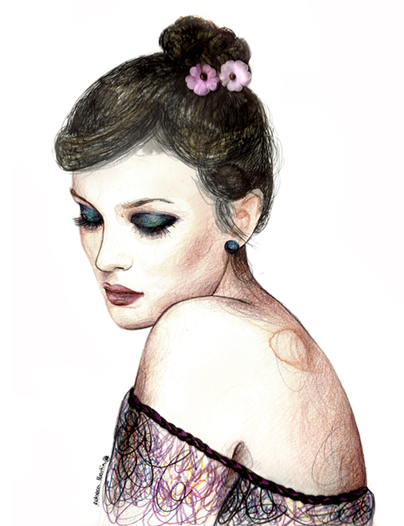FASHION I: Ilustraciones inspiradas en fotografías de moda. Técnica mixta: acuarela, pilot, lápices de colores. 5