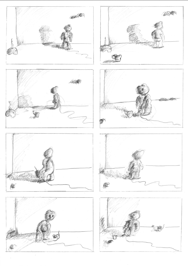Storyboard. "Monstruo", escena para stop motion. Tinta.  -1