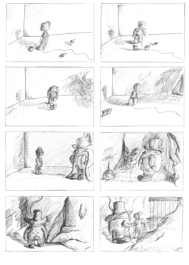 Storyboard. "Monstruo", escena para stop motion. Tinta.  0