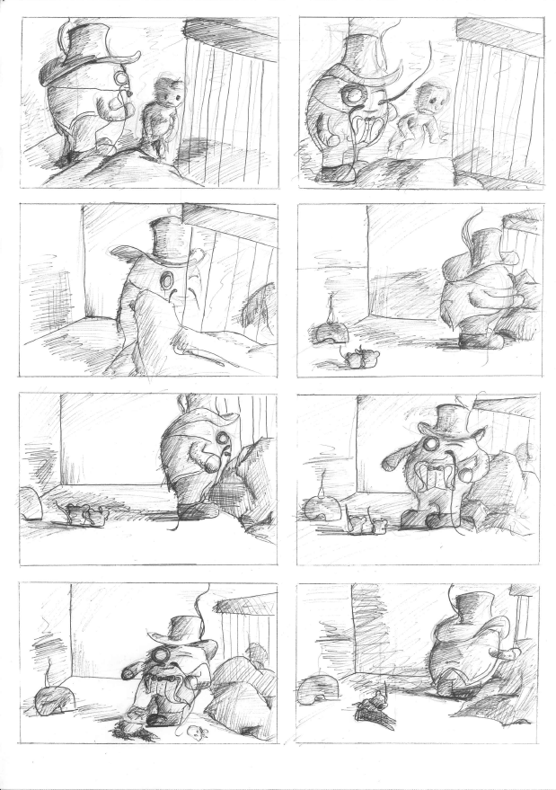 Storyboard. "Monstruo", escena para stop motion. Tinta.  1