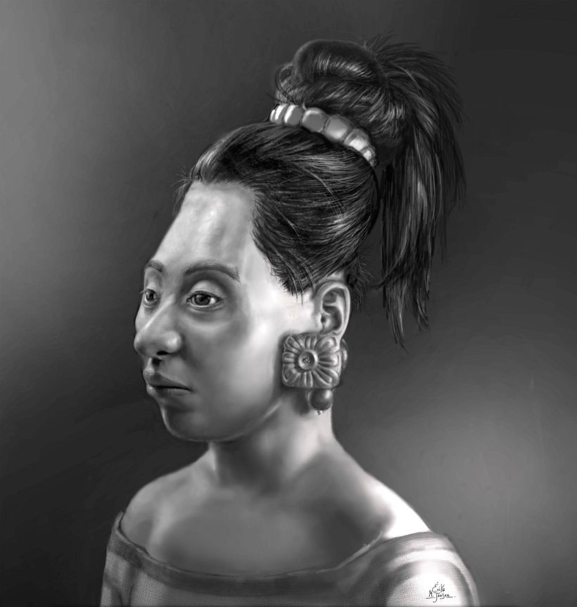 Reconstrucción artística forense del rostro de una adolescente maya sacrificada y un joven de cuerpo entero -1
