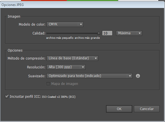 Illustrator CC al querer exportar en JPEG no salen las OPCIONES 1