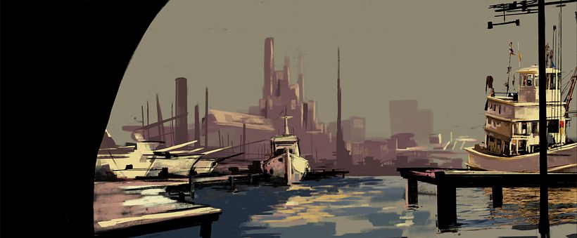 Puerto futurista pre-apocalíptico: Iniciación al concept art: diseñando el futuro - Ilustración tradicional
