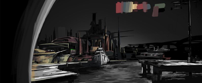 Puerto futurista pre-apocalíptico: Iniciación al concept art: diseñando el futuro - Ilustración tradicional