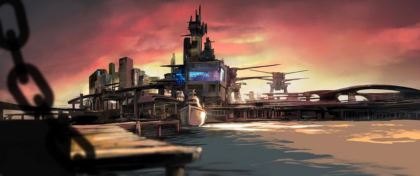 Puerto futurista pre-apocalíptico: Iniciación al concept art: diseñando el futuro - Ilustración tradicional