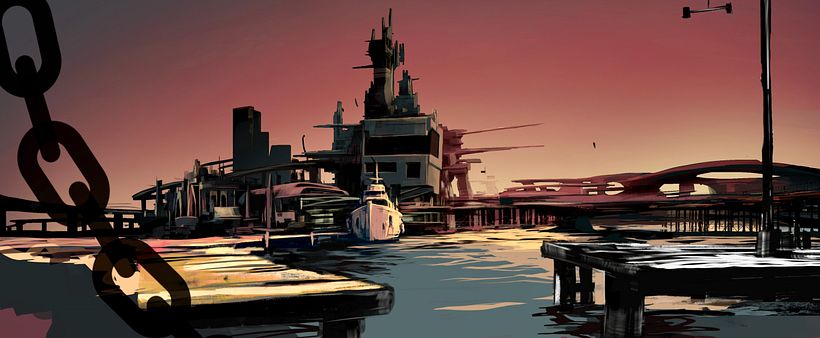 Puerto futurista pre-apocalíptico: Iniciación al concept art: diseñando el futuro - Ilustración tradicional