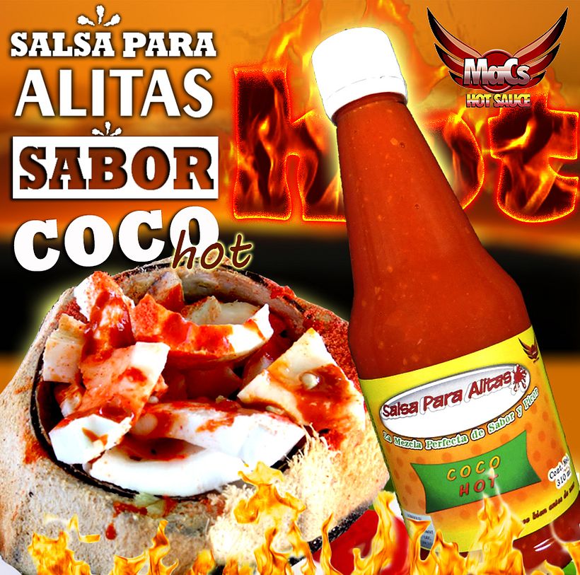 Diseño de etiqueta de producto, y cartel publicitario. SALSA PARA ALITAS "Macs Hot Sauce" Familia de sabor: FRUTALES 0