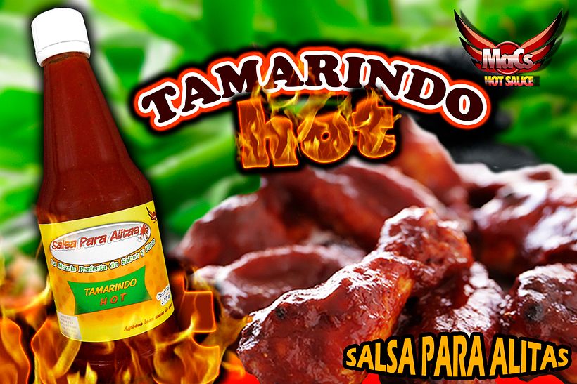 Diseño de etiqueta de producto, y cartel publicitario. SALSA PARA ALITAS "Macs Hot Sauce" Familia de sabor: FRUTALES 1