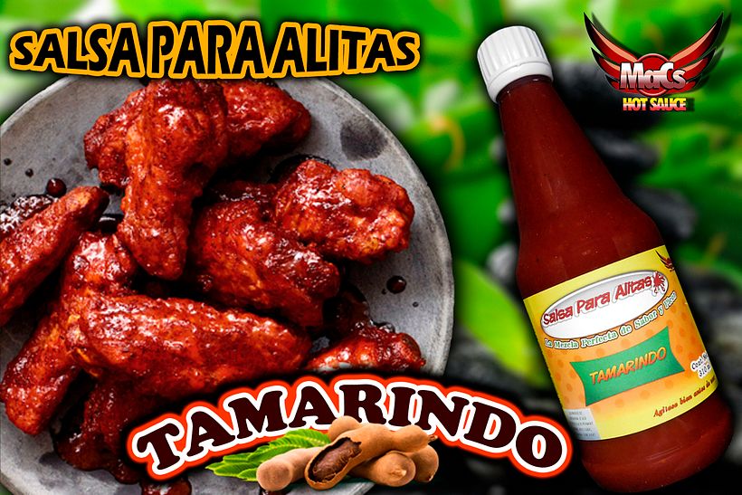 Diseño de etiqueta de producto, y cartel publicitario. SALSA PARA ALITAS "Macs Hot Sauce" Familia de sabor: FRUTALES 2