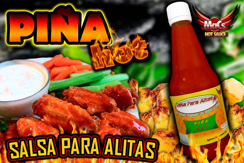 Diseño de etiqueta de producto, y cartel publicitario. SALSA PARA ALITAS "Macs Hot Sauce" Familia de sabor: FRUTALES 8