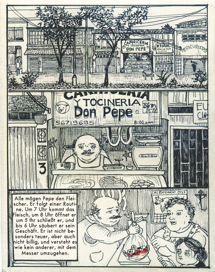 Cómic (fragmento) traducido al alemán, ganador del certamen "Viñetas por mis calles", parte del año dual México-Alemania 1