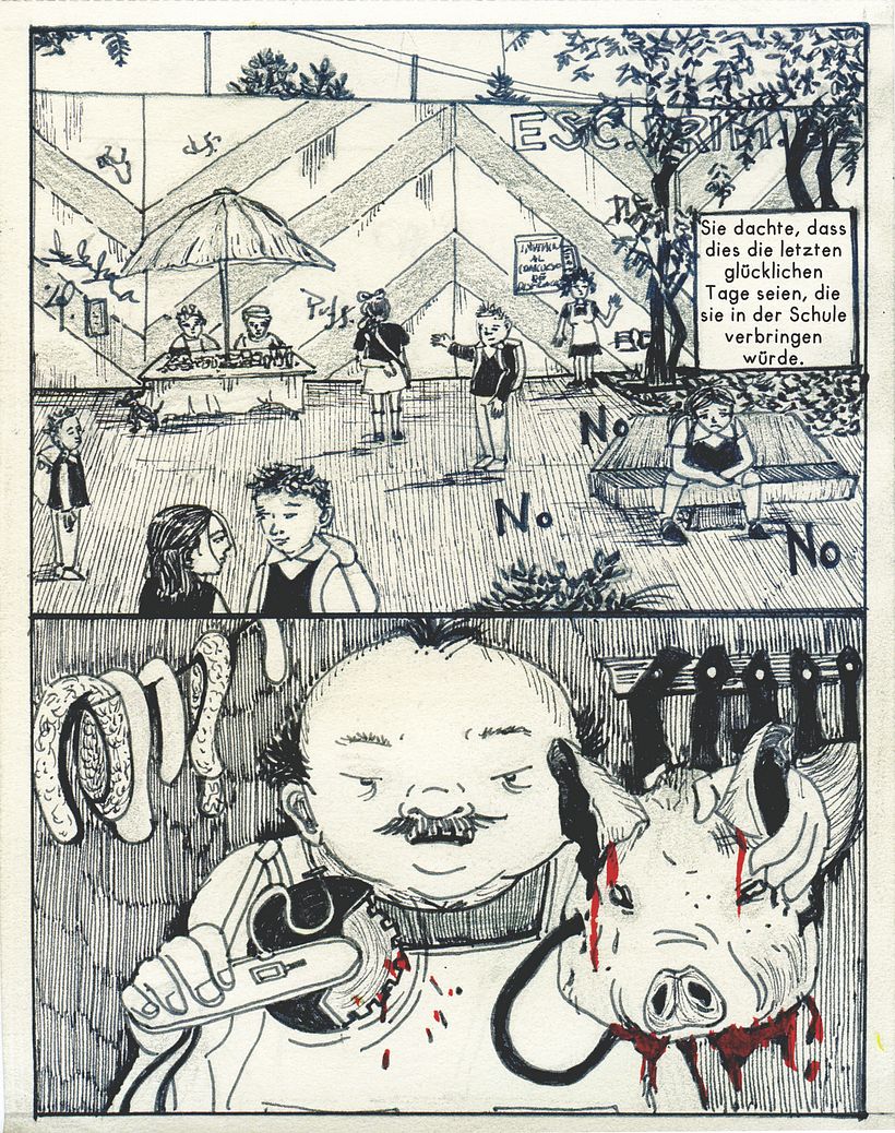 Cómic (fragmento) traducido al alemán, ganador del certamen "Viñetas por mis calles", parte del año dual México-Alemania 1