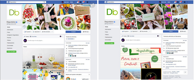Portadas de Facebook de los diferentes paises (seis países). Se busca la cohesión de marca mediante una retícula de imágenes 