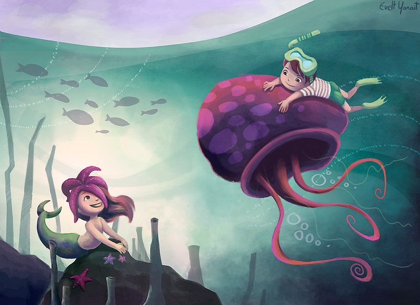 Mermaid and kid playing with a jellyfish -1
