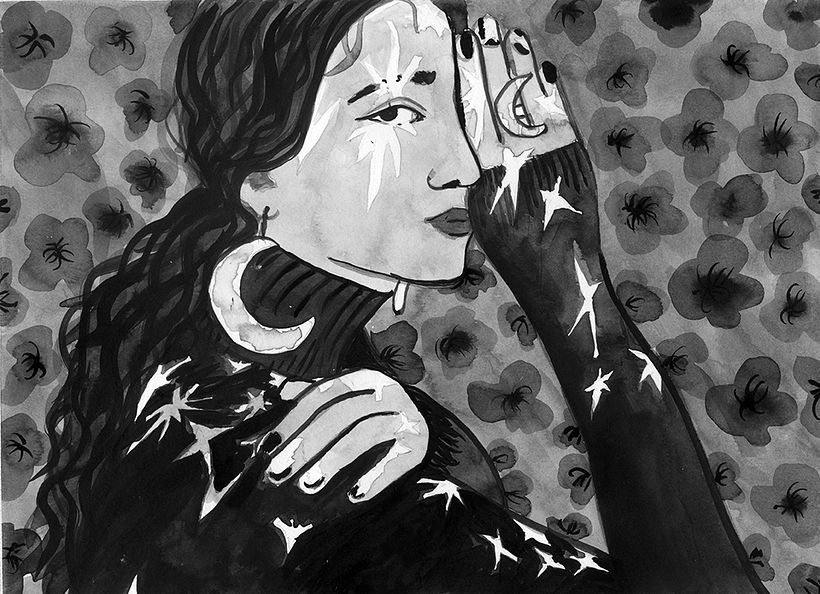 Mujer y estrellas - Flores - Tradycyjna ilustracja