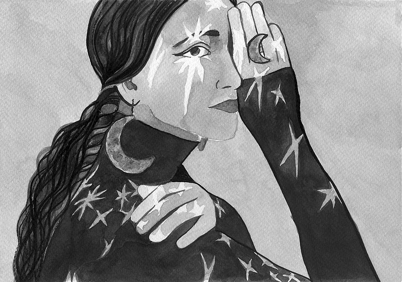 Mujer y estrellas - Flores - Tradycyjna ilustracja