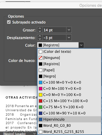 POR QUÉ EN LA OPCION SUBRAYADO INDESIGN SÓLO APARECEN LOS COLORES BÁSICOS? 1