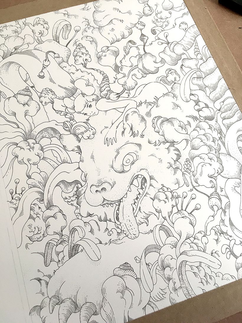 Tigre Rosa (Tinta + Acuarela en Papel de Algodón).  4