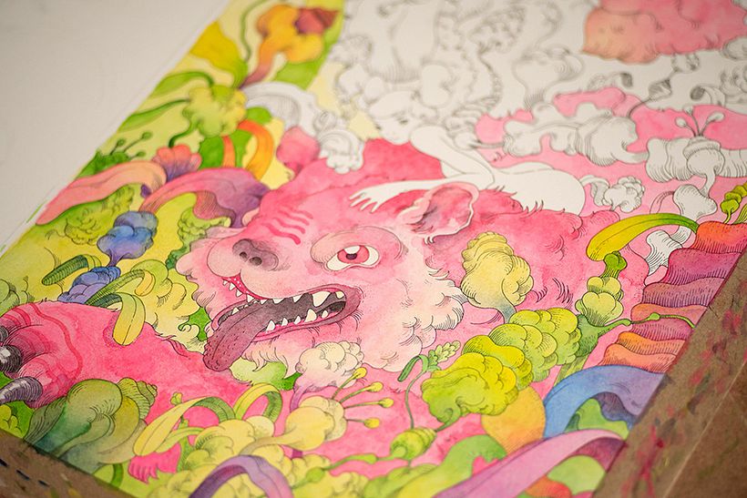 Tigre Rosa (Tinta + Acuarela en Papel de Algodón).  6