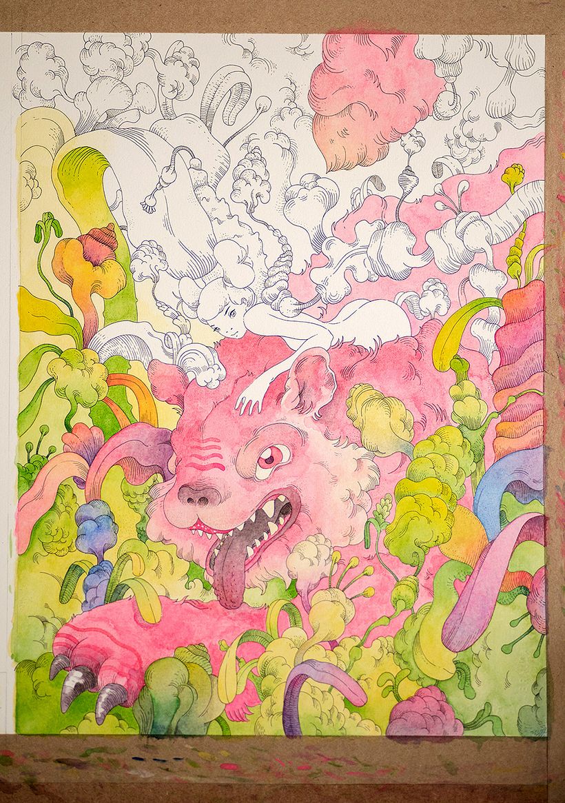 Tigre Rosa (Tinta + Acuarela en Papel de Algodón).  7