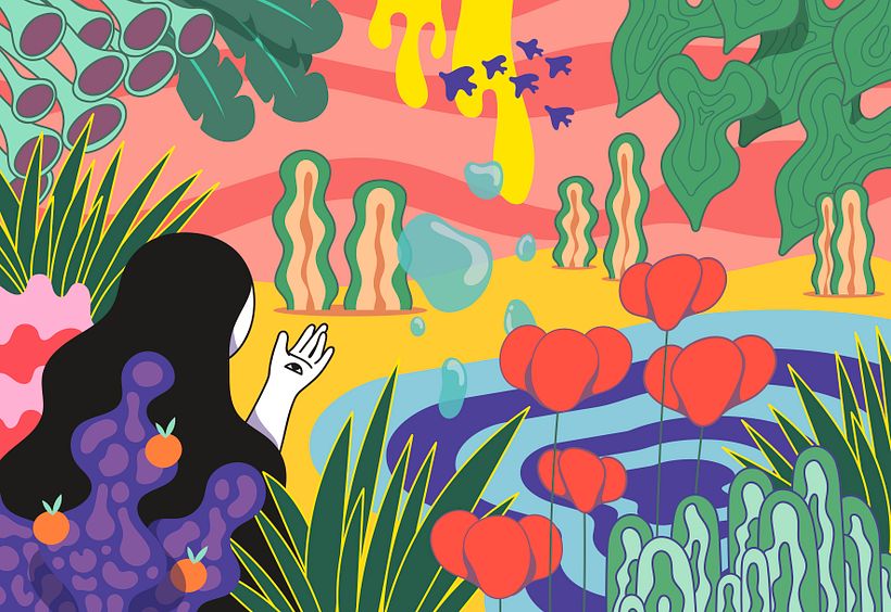 "Organic paradise" va de mundos imaginarios donde naturaleza y seres de líneas sinuosas se funden en un caos psicodélico y de colores infinitos. Eso es! -1