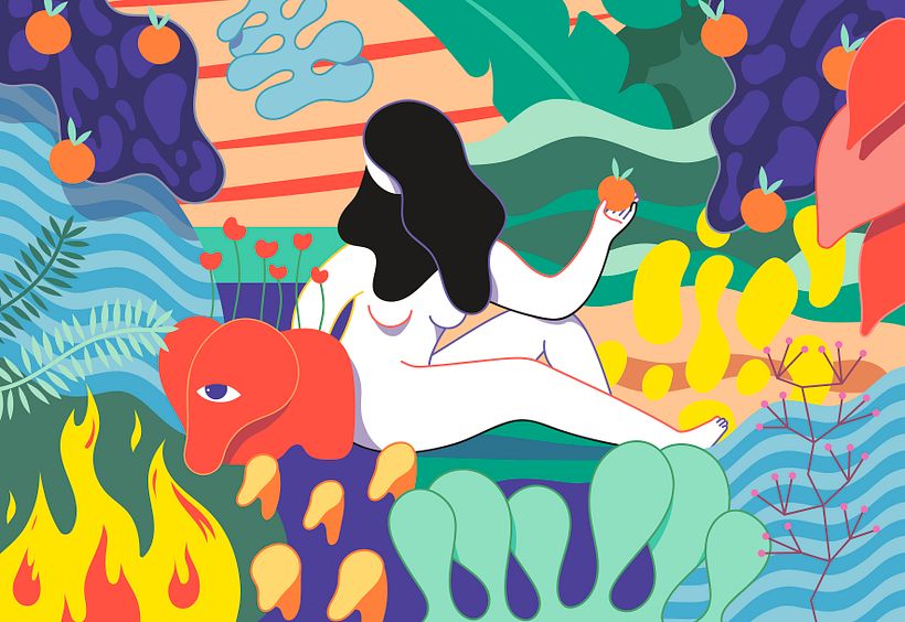 "Organic paradise" va de mundos imaginarios donde naturaleza y seres de líneas sinuosas se funden en un caos psicodélico y de colores infinitos. Eso es! 0