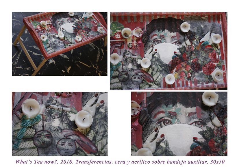 What's Tea now? - Acrilyc, wax and tranfers on a bed table. 2018 -1