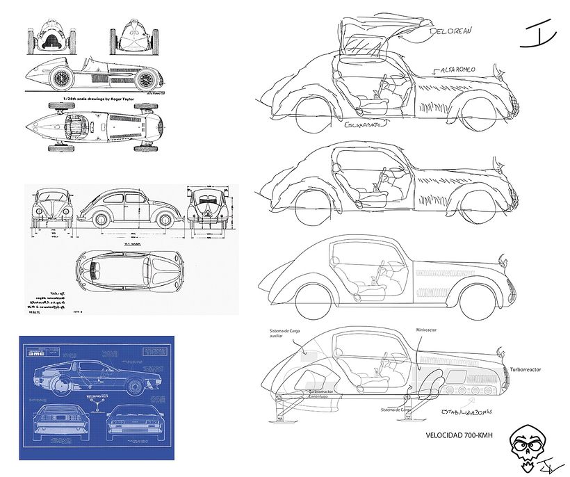 Bocetado del Auto, Delorean, Alfa romeo y el Escarabajo