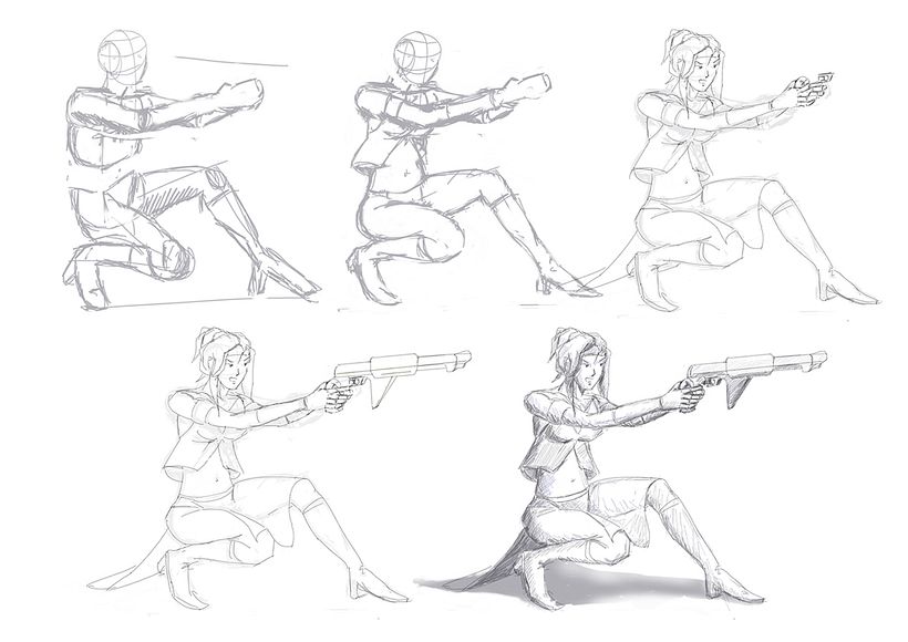 Bocetos action girl. - Illustrazione tradizionale