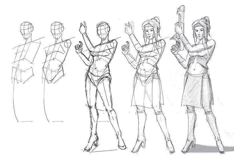Bocetos action girl. - Illustrazione tradizionale