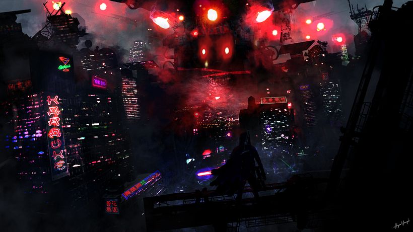 Paso 5. He añadido más carteles de neón para avivar la escena y mejorado ciertas perspectivas de las luces de edificios.