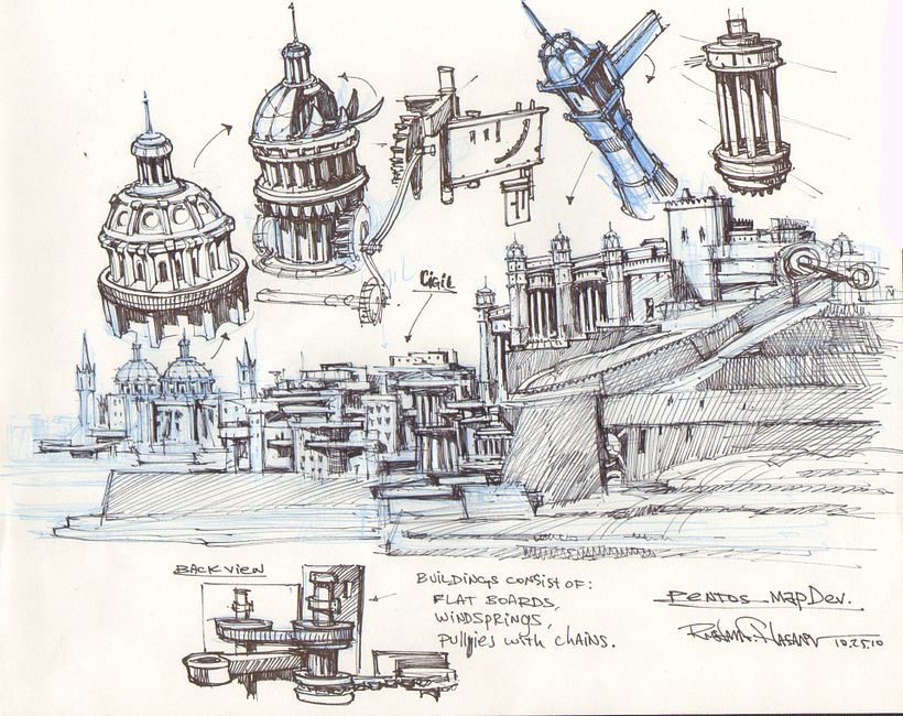 Bocetos y mecánica de la arquitectura de Pentos.