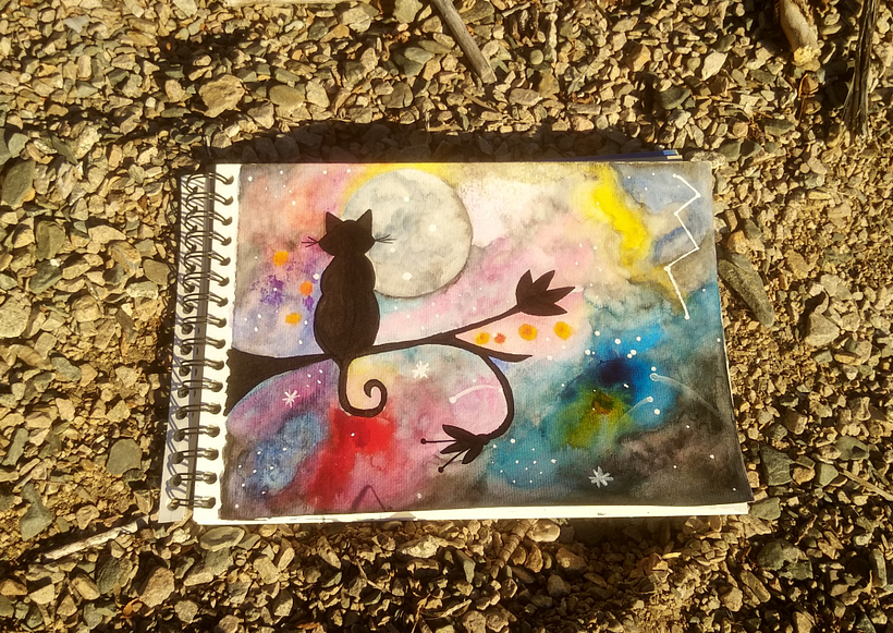 Acuarela y tinta china. Acrílico blanco para detalles. Inspirado en mi gata compañera. Amé hacerlo. Hermoso el curso!!
