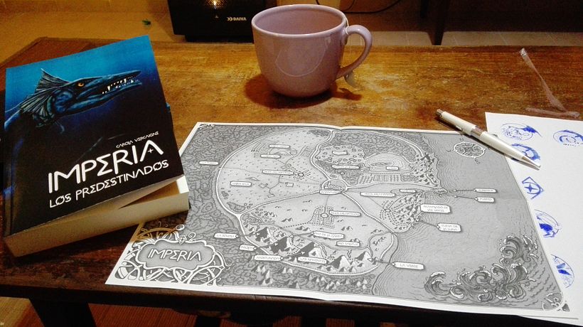 Mapa desplegado. Acompaña a la novela. trabajo clásico a lápiz y rotuladores con posterior retoque digital