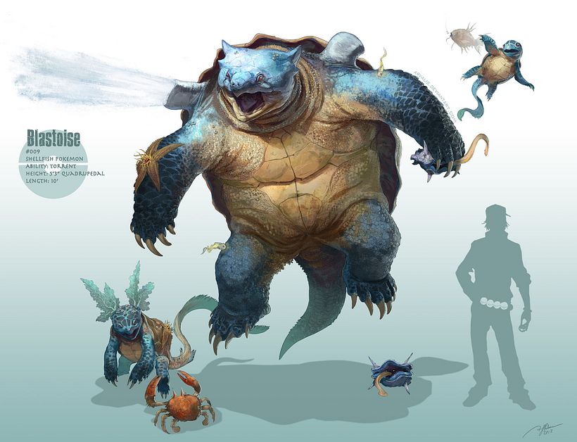 Ilustración de Squirtle, Wartortle y Blastoise por RJ Palmer