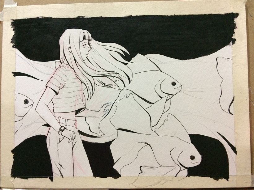 3. Rellenando el fondo con tinta china negra y pincel. 