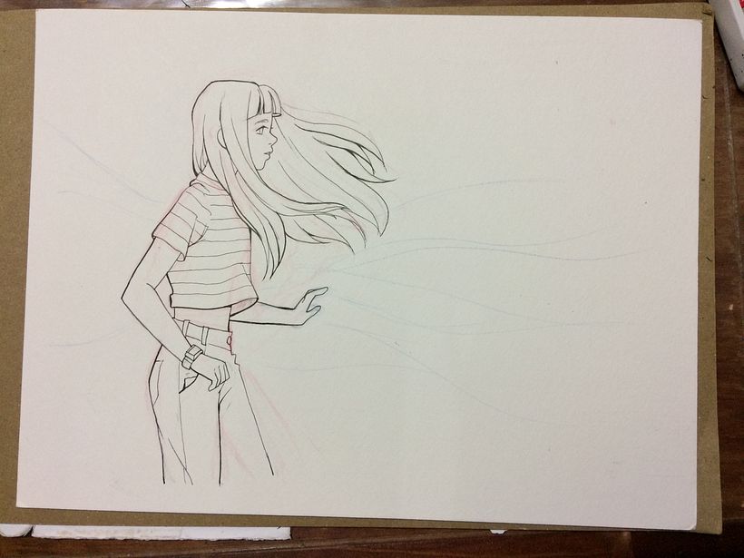 1. Entintando el sketch y borrando el sketch. Sólo dejé delgadas lineas de guía para trazar los peces y el flujo de agua.