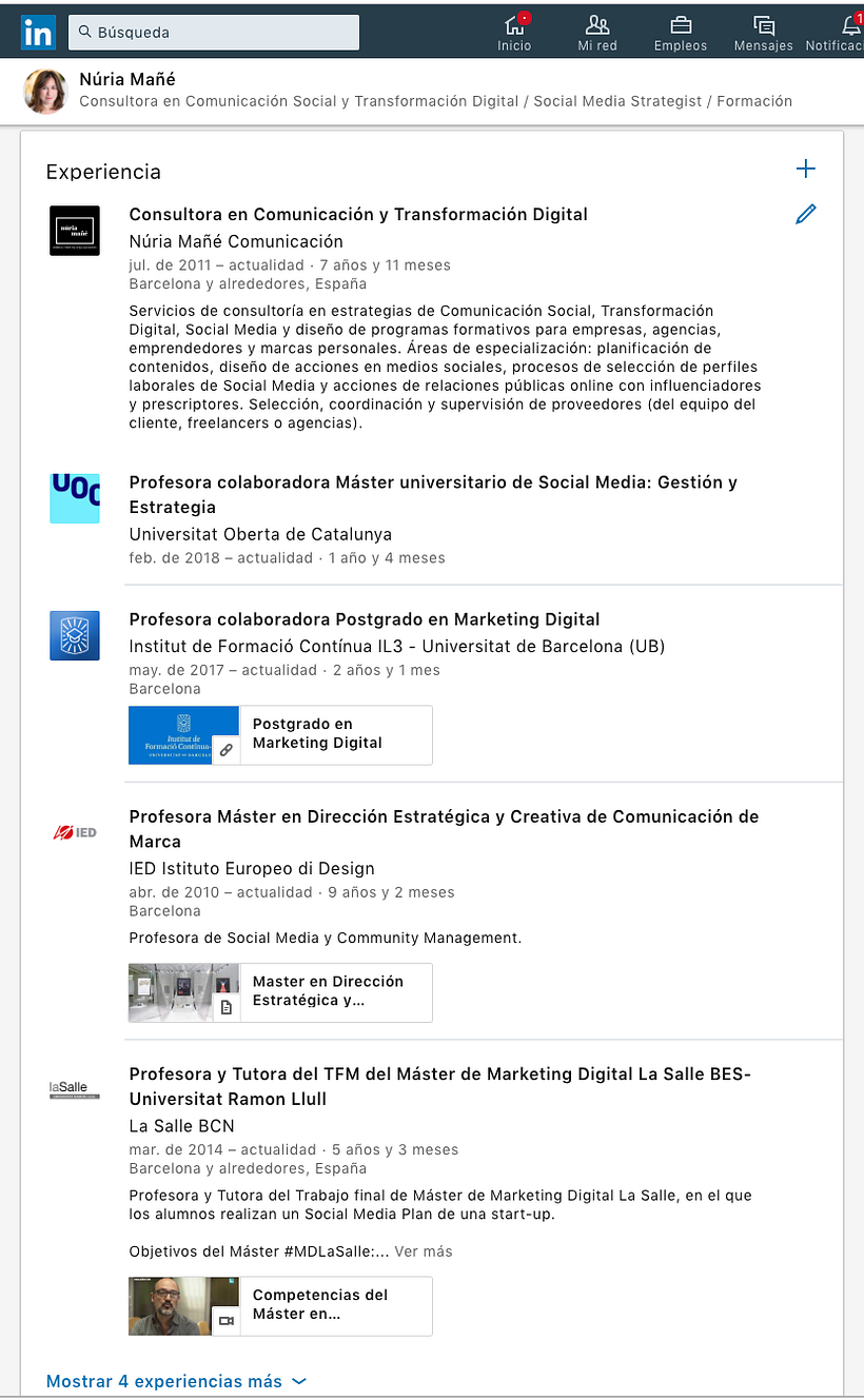 Panel de Experiencias de LinkedIn