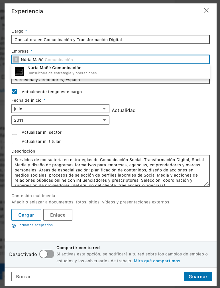 Vincular tu cargo actual con la empresa en LinkedIn