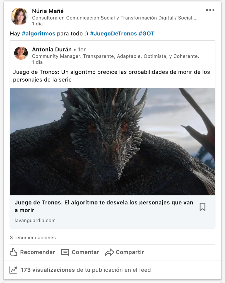 Publicación de Juego de Tronos en LinkedIn