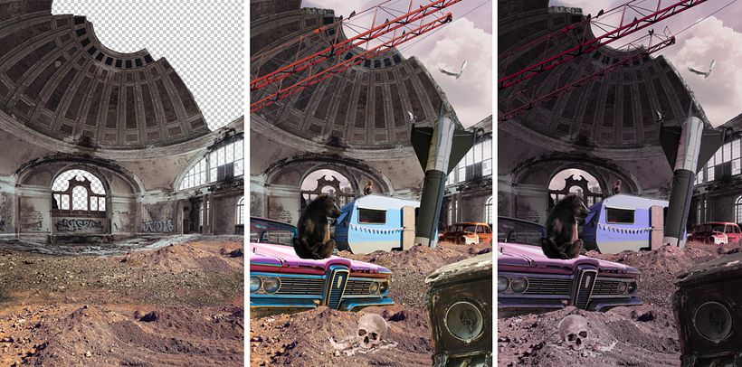 Proceso de restauración, colocación de elementos y aplicación de paleta de color.