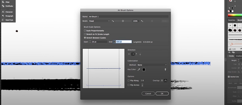 Podemos ajustar varias características de nuestro pincel en el cuadro de diálogo "Art Brush Options"