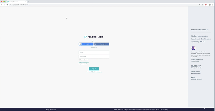 El registro en Piktochart es muy sencillo