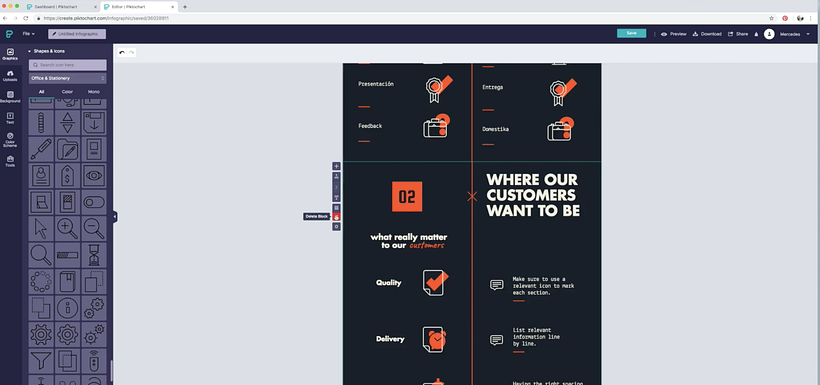 Este pequeño menú nos permite eliminar bloques de la infografía
